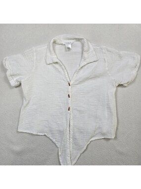 Kirious Medium 100% Cotton Blouse White Gauze Button Down Textured Short Sleeve
